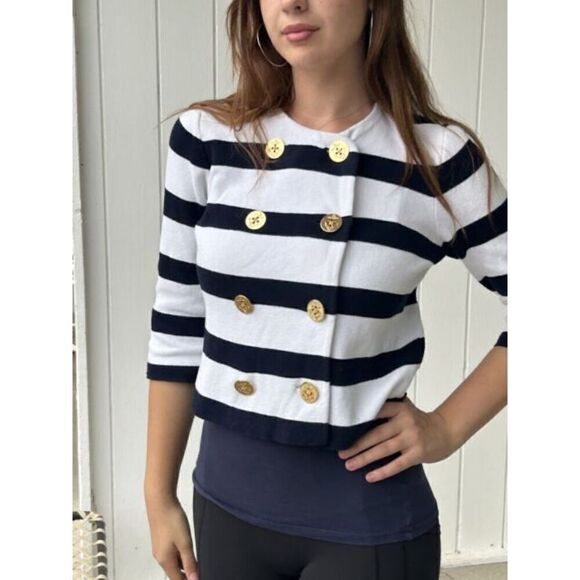 Lauren Ralph Lauren Blue White Nautical Button Front Knitted Cardigan Size M - Picture 1 of 8